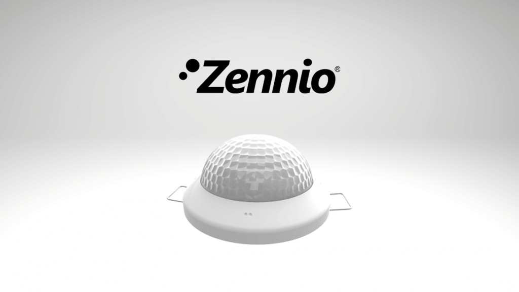 Detector de presencia Presentia C v2 junto con el logo de Zennio